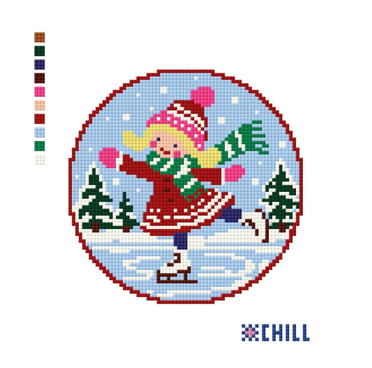 Ice Skating Girl Christmas Needlepoint Ornament Canvas – Round | Winter Chill Collection