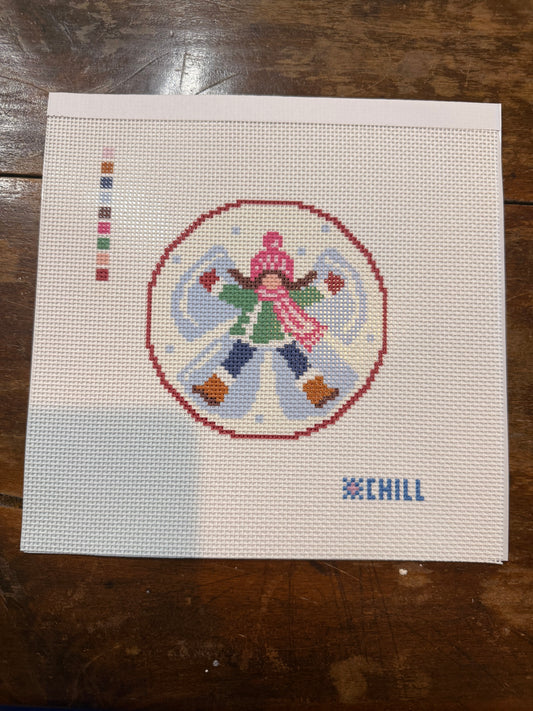 Snow Angel Girl Christmas Needlepoint Ornament Canvas – Round | Winter Chill Collection