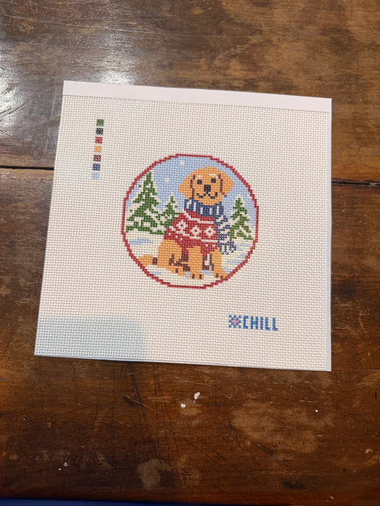 Christmas Dog in Sweater Needlepoint Ornament Canvas – Round | Winter Chill Collection