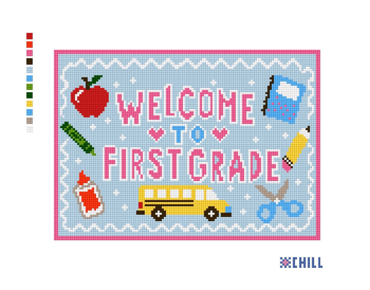 First Grade Needlepoint Canvas | Back to School Design | Pink Blue School Bus Apple DIY Needlepoint Canvas