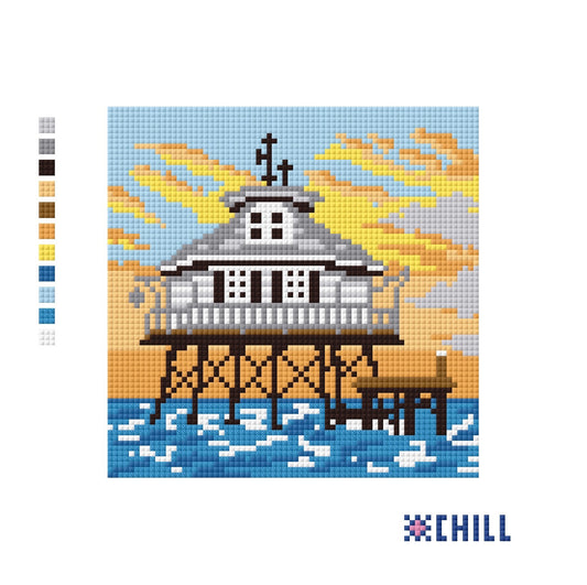 Mobile Bay Lighthouse Alabama Needlepoint Canvas | Middle Bay Screwpile Lighthouse Sunset Design | Coastal Needlepoint (on 14 or 18 mesh)