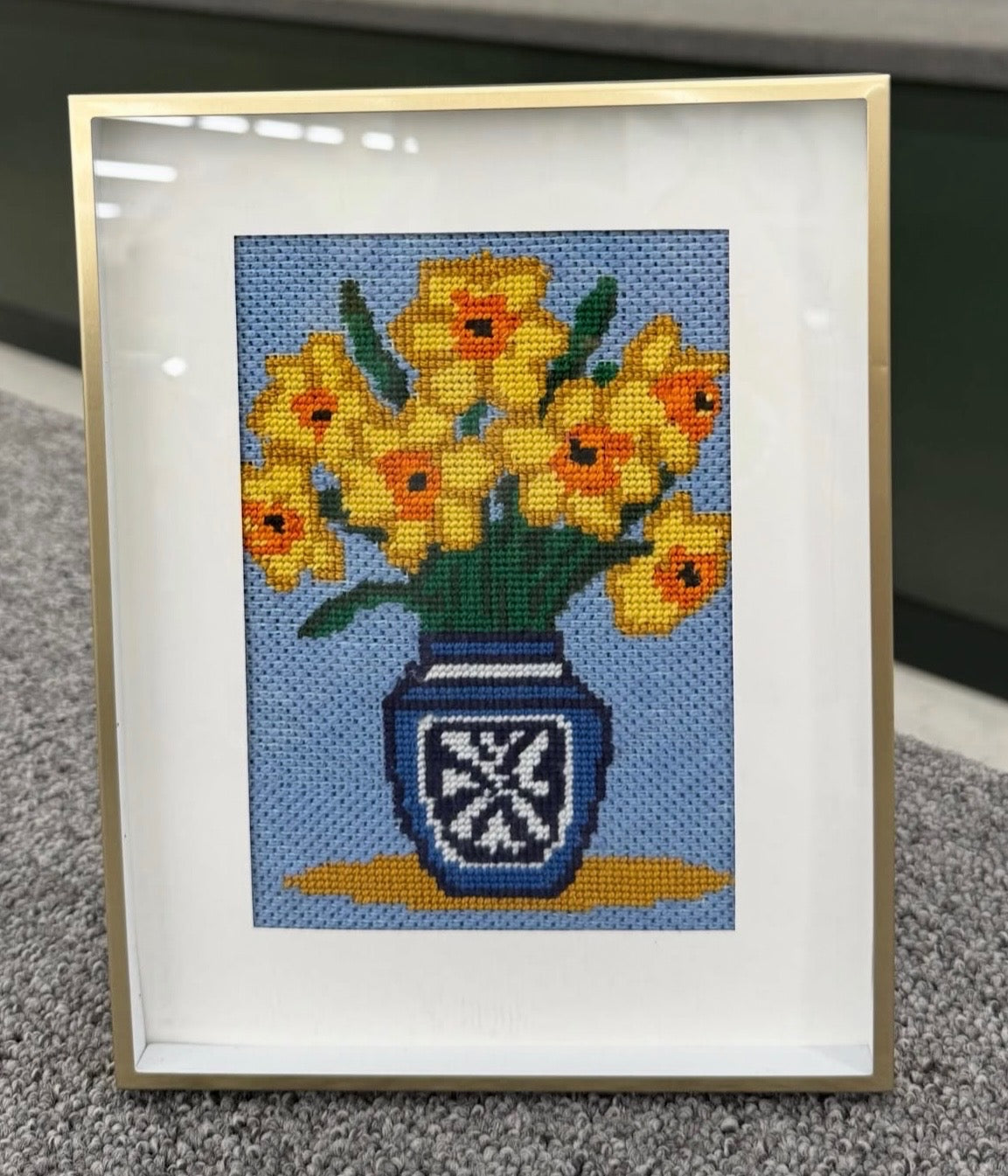 Daffodils in Blue and White Vase Needlepoint Canvas β Finished Piece β Needlepoint & Chill