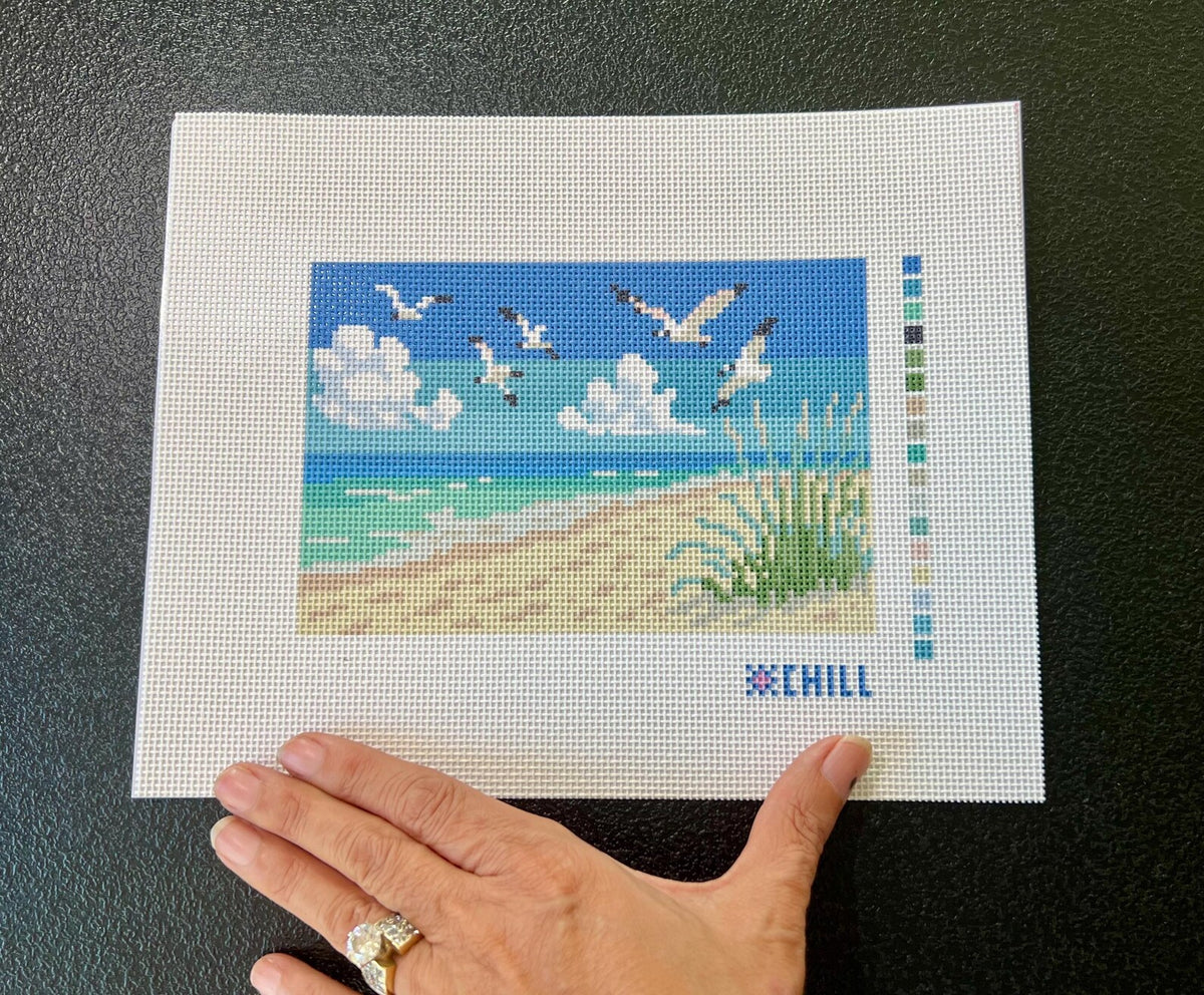 Gulf Shores Beach with Seagulls Needlepoint Canvas – Finished Piece – Needlepoint & Chill