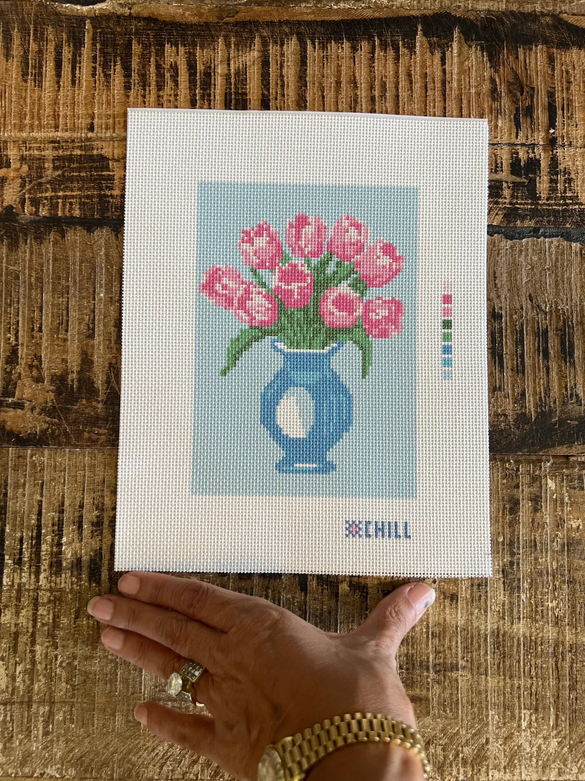 Pink Tulips Needlepoint Kit – Finished Piece – Needlepoint & Chill