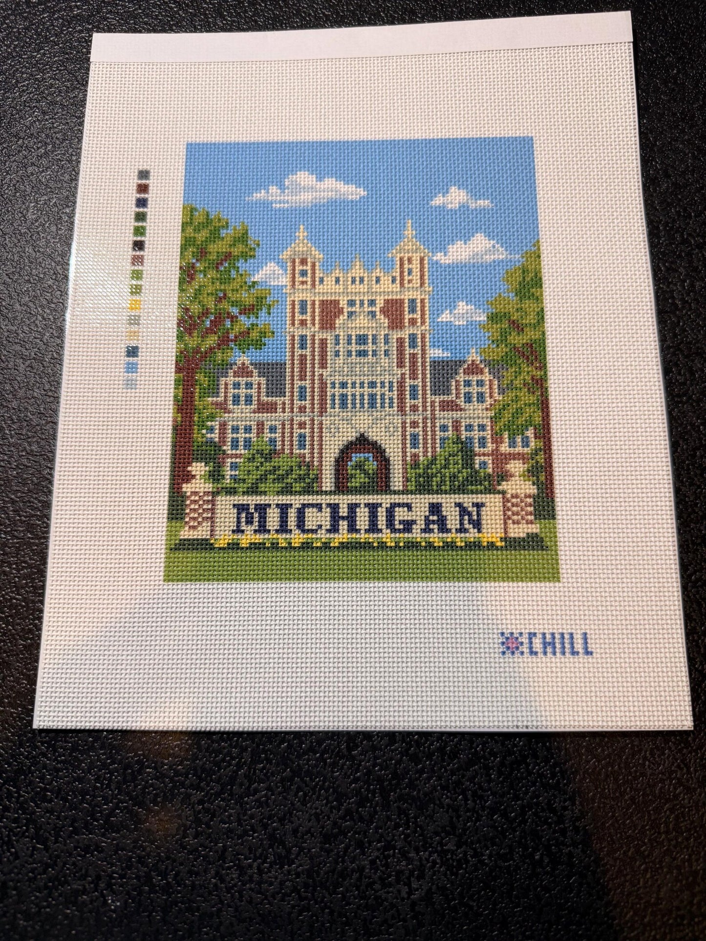 Michigan Campus Landmark Needlepoint Canvas – Close Up – Needlepoint & Chill