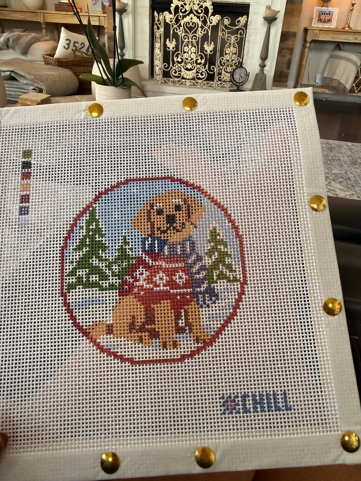 Christmas Dog in Sweater Needlepoint Ornament Canvas – Round | Winter Chill Collection