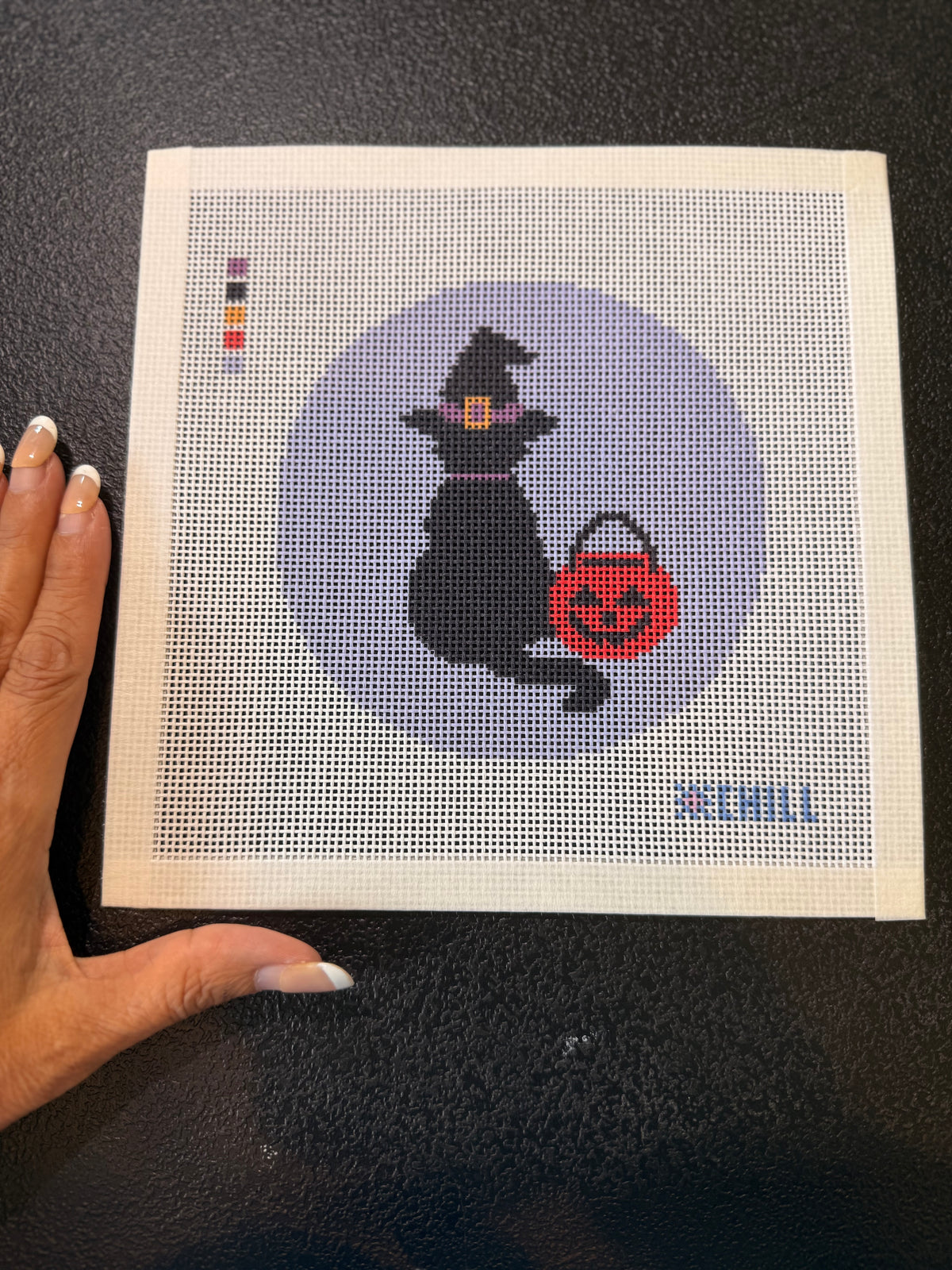 Halloween Needlepoint Canvas – Black Cat in a Witch Hat - Pumpkin fall stitching