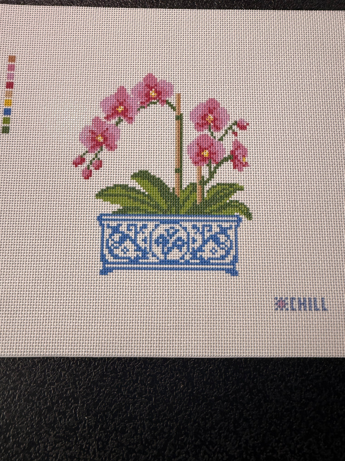 Orchid in Blue & White Chinoiserie Pot Needlepoint Canvas | Floral DIY Needlepoint | Beginner Friendly | 5x7 on 8x10 Canvas