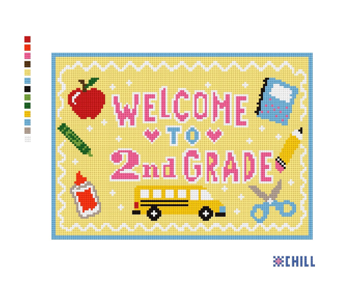 First Grade Needlepoint Canvas | Back to School Design | Pink Blue School Bus Apple DIY Needlepoint Canvas
