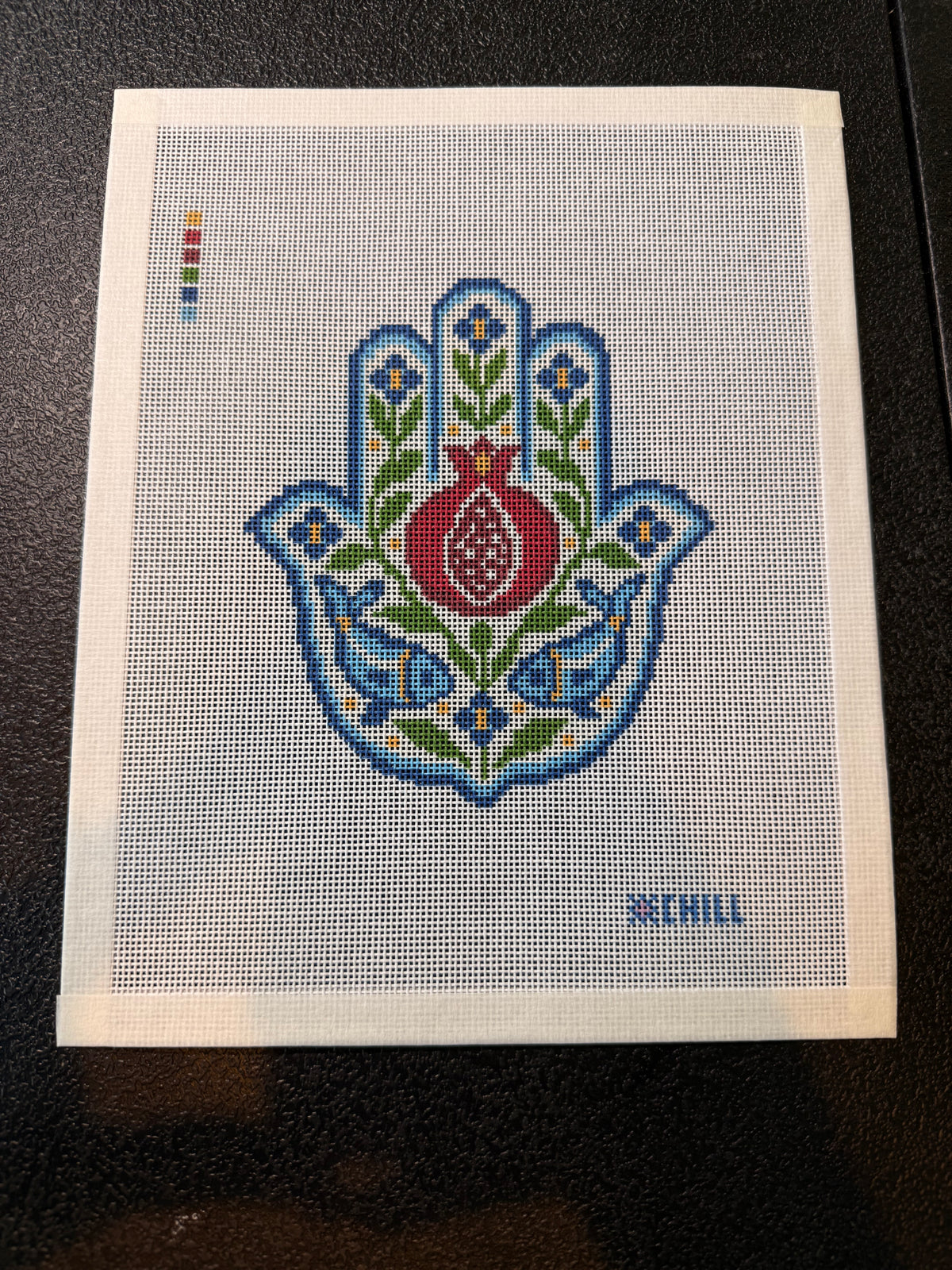 Hamsa (Khamsa) Needlepoint Canvas | Pomegranate & Fish |  Blessing and Abundance Design - 8x10 canvas on 18 ct mesh 🪬