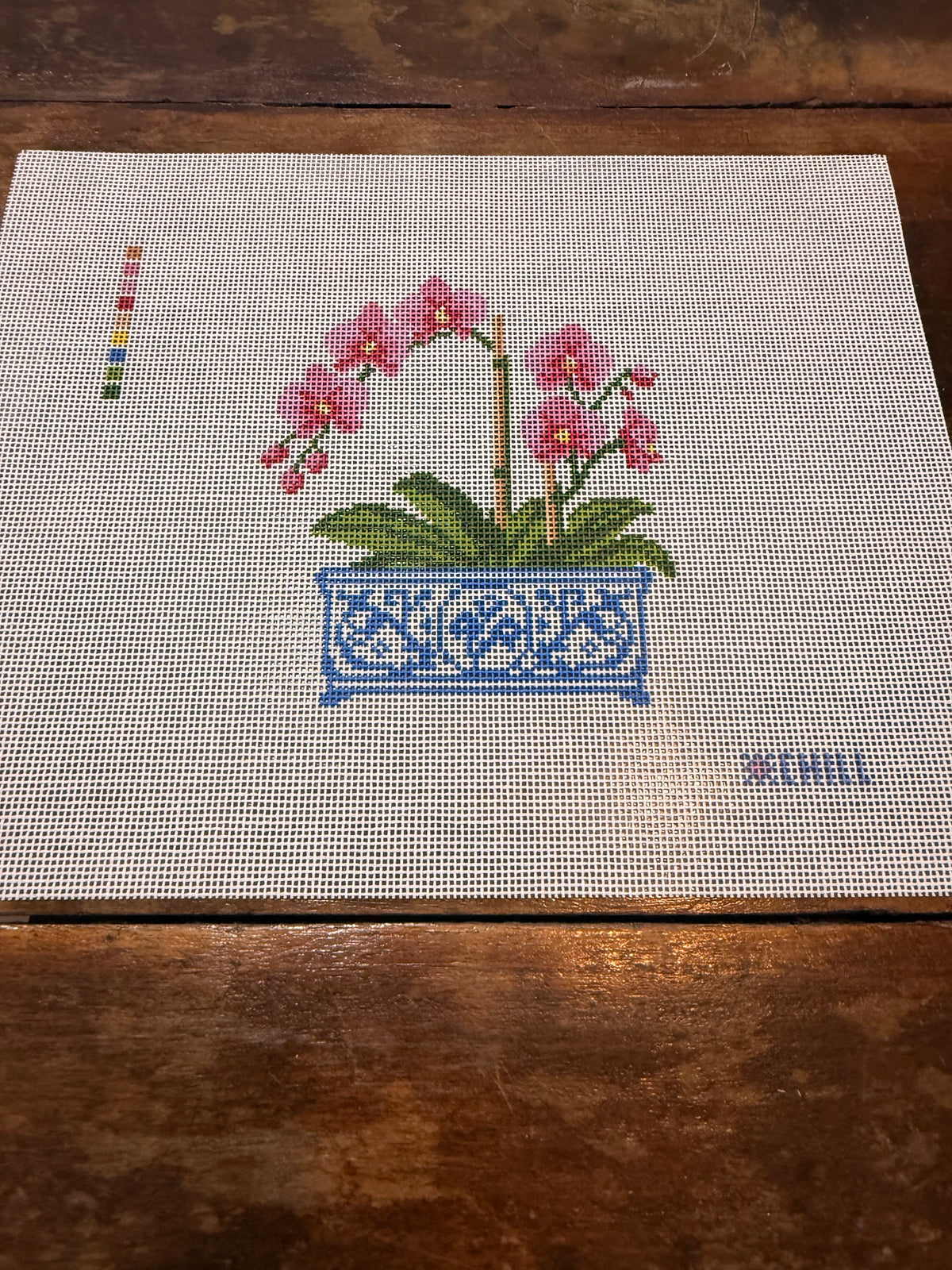 Orchid in Blue & White Chinoiserie Pot Needlepoint Canvas | Floral DIY Needlepoint | Beginner Friendly | 5x7 on 8x10 Canvas