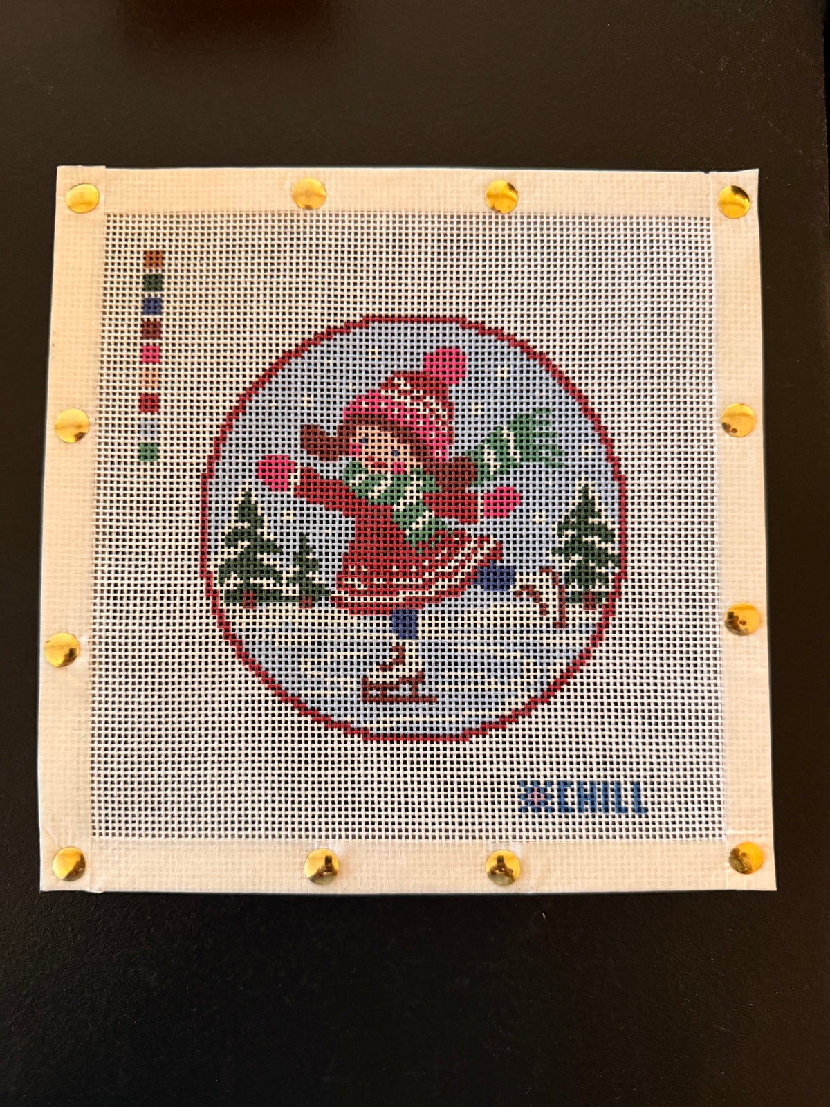 Ice Skating Girl Christmas Needlepoint Ornament Canvas – Round | Winter Chill Collection