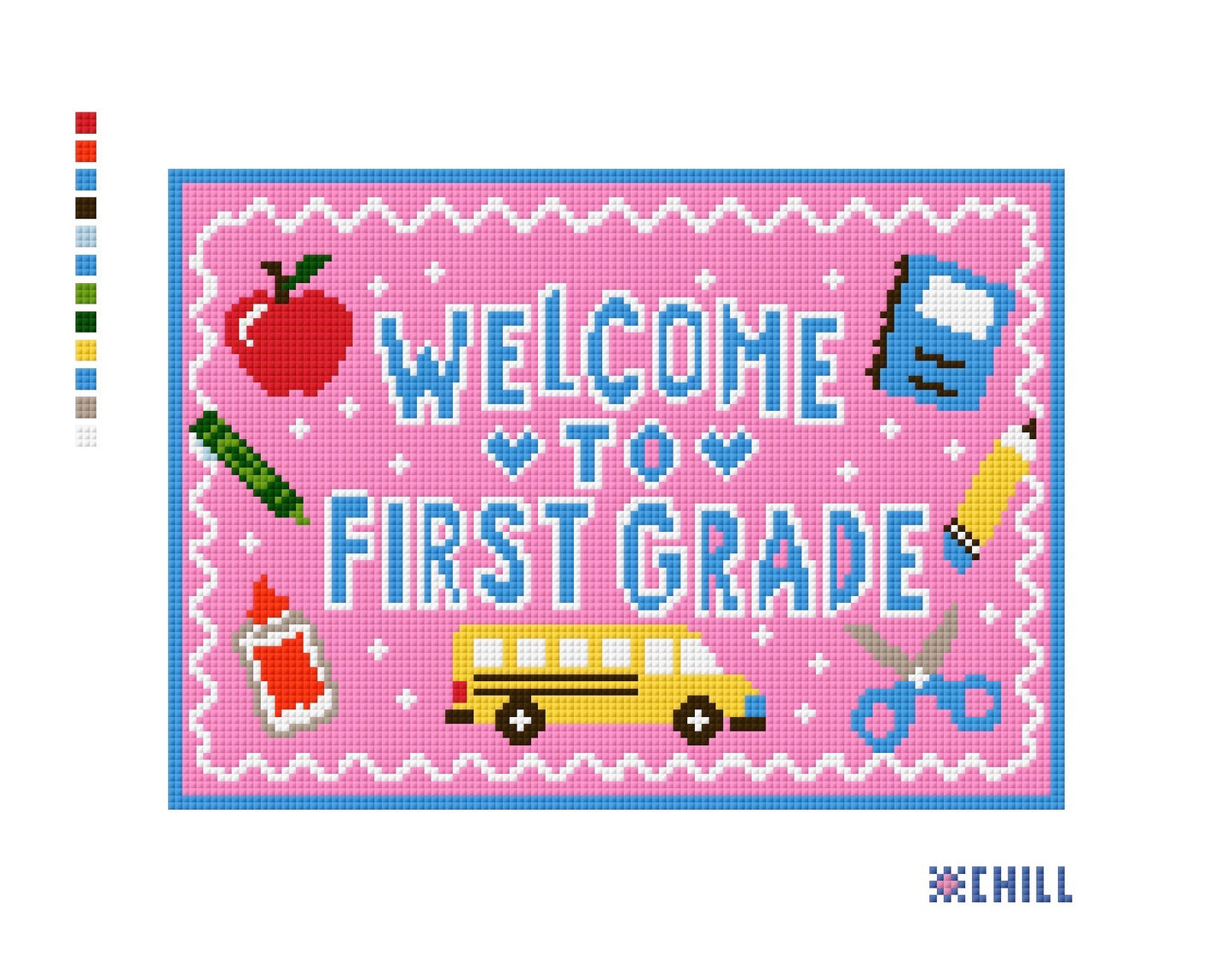 First Grade Needlepoint Canvas | Back to School Design | Pink Blue School Bus Apple DIY Needlepoint Canvas