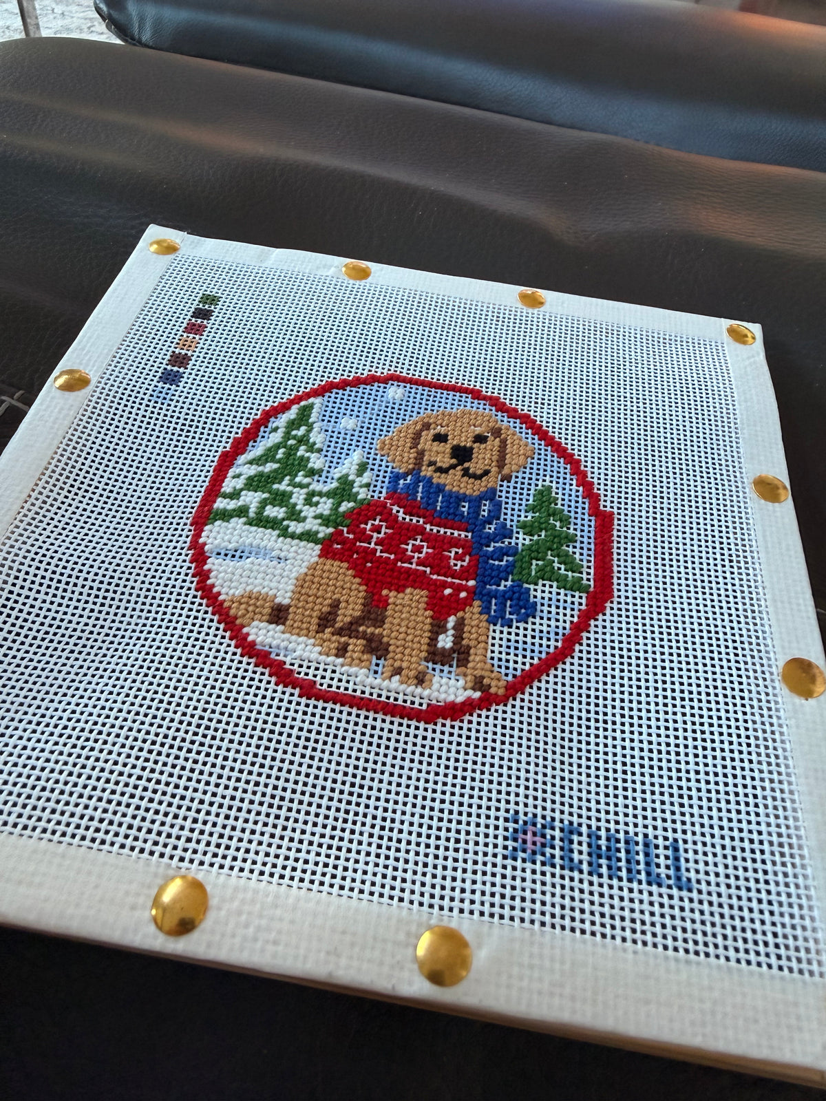 Christmas Dog in Sweater Needlepoint Ornament Canvas – Round | Winter Chill Collection