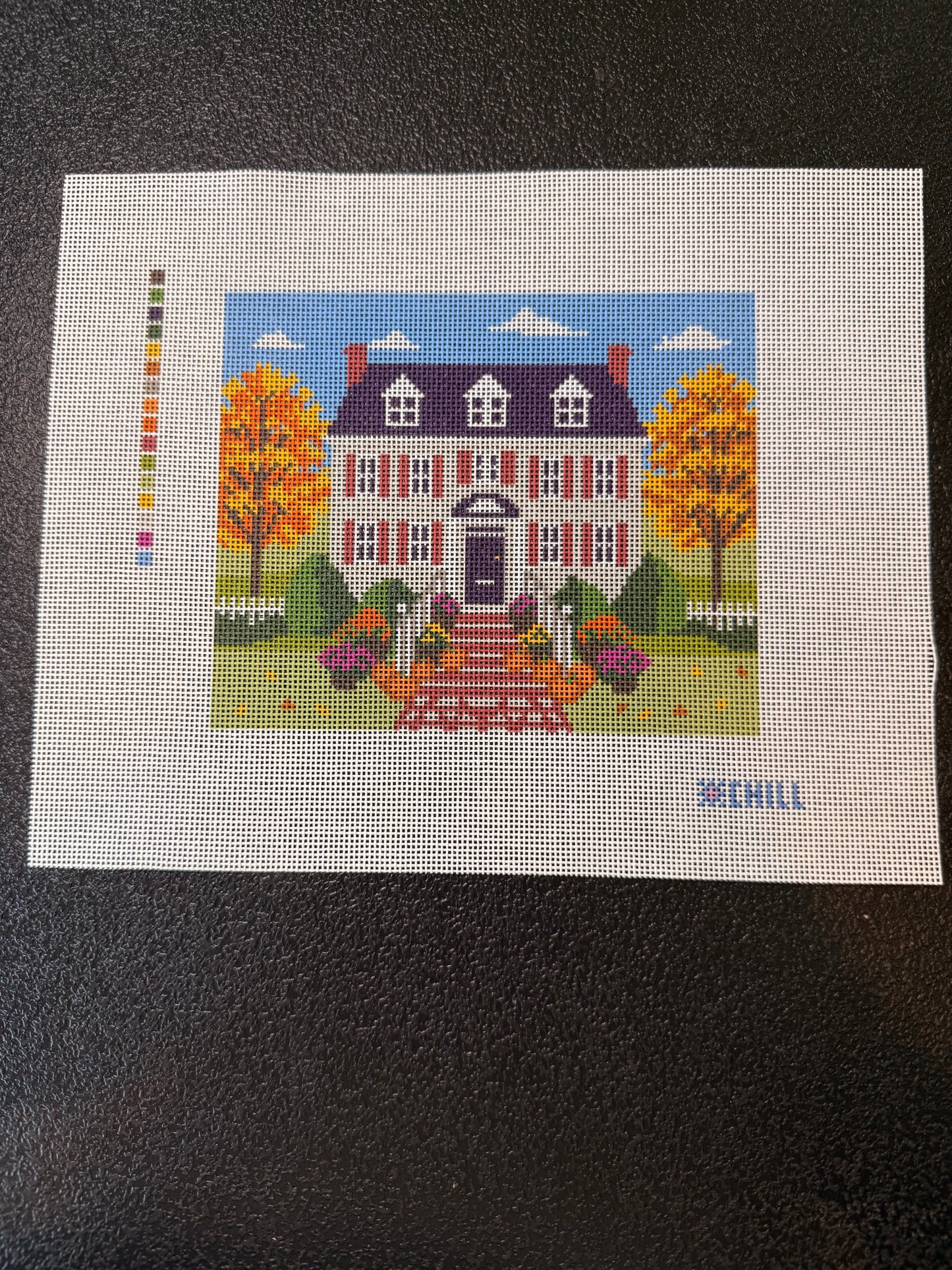 Halloween Front Porch Needlepoint Canvas – Fall Colonial House Pumpkin Steps Design