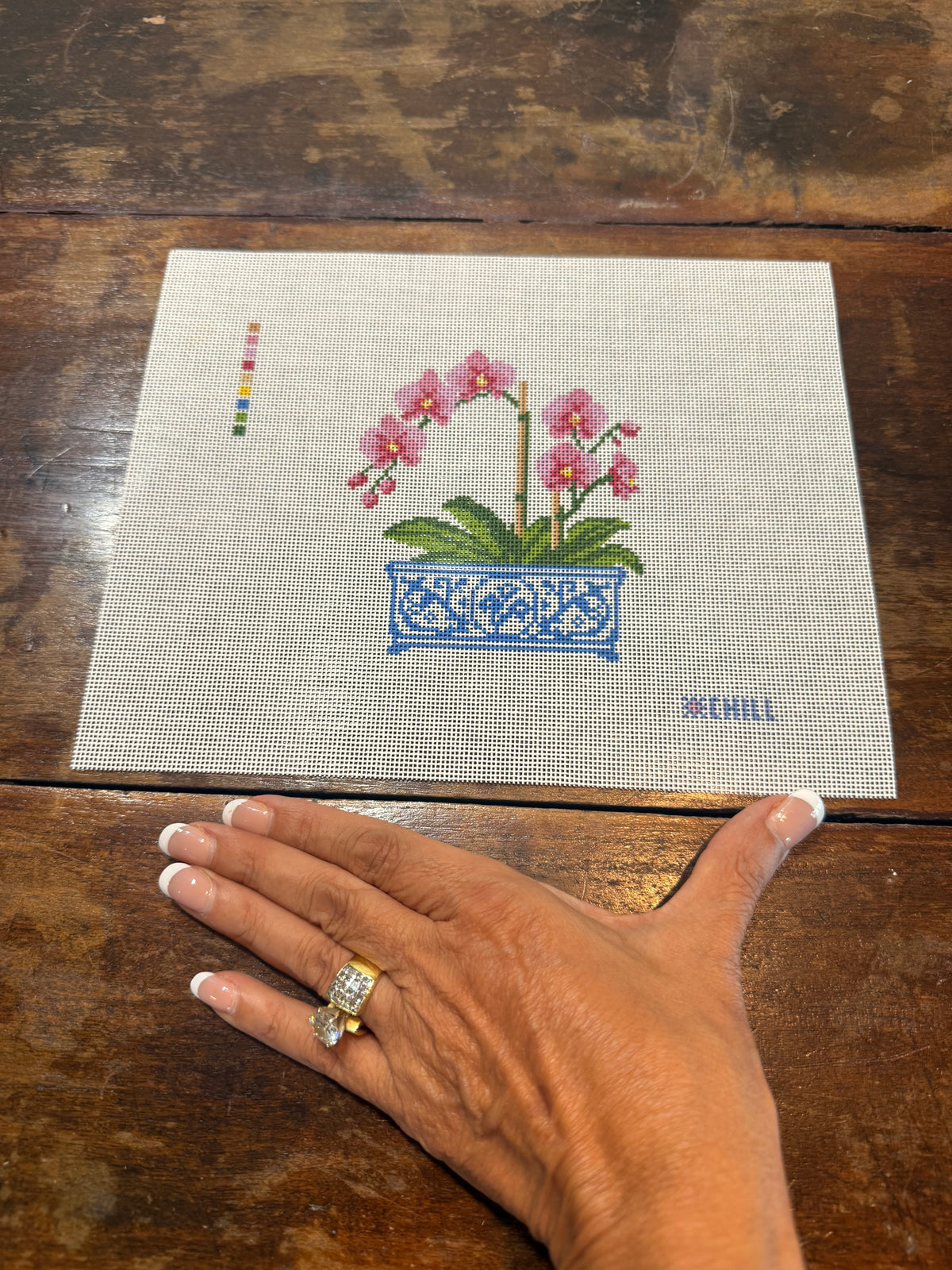 Orchid in Blue & White Chinoiserie Pot Needlepoint Canvas | Floral DIY Needlepoint | Beginner Friendly | 5x7 on 8x10 Canvas