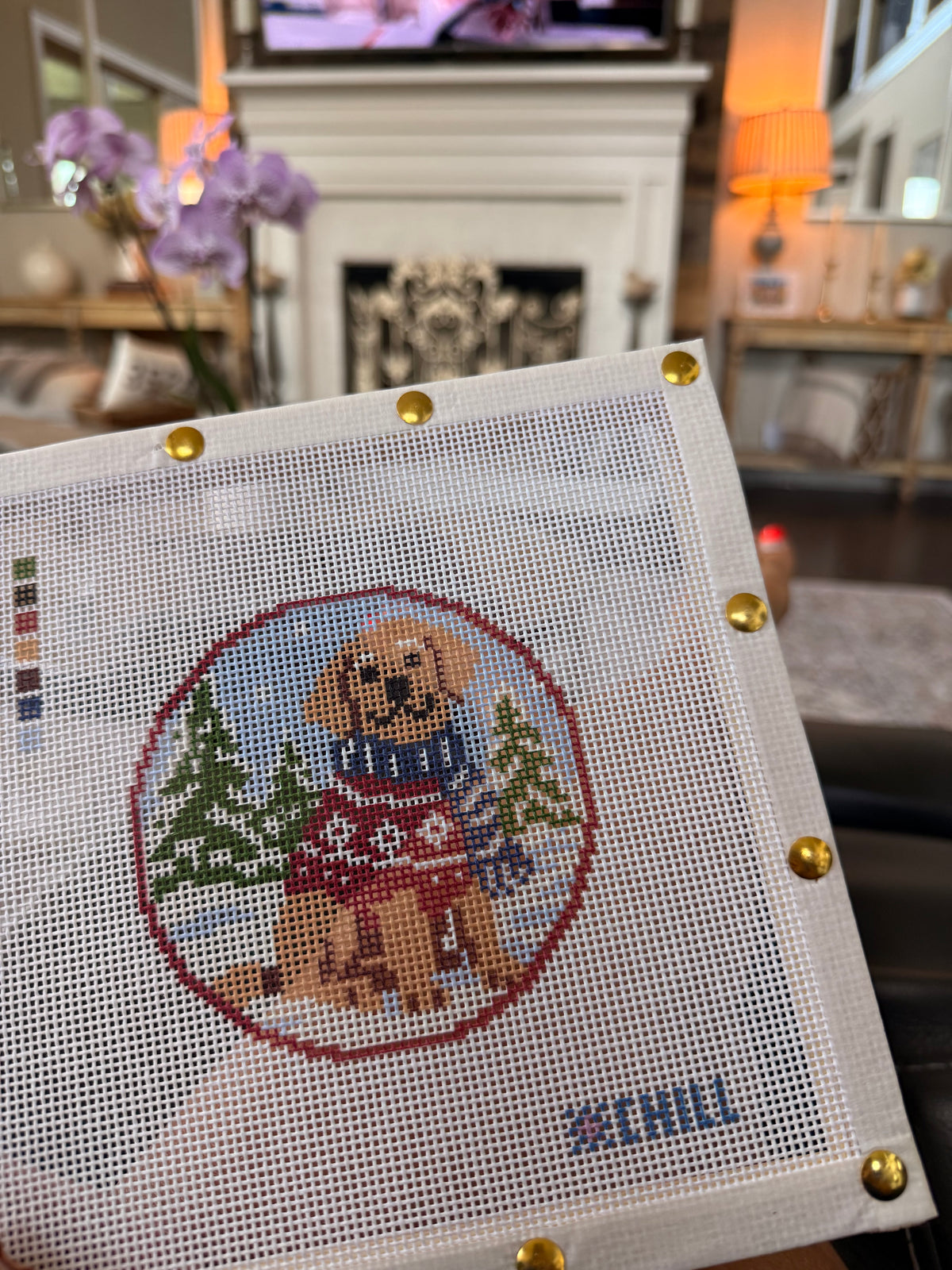 Christmas Dog in Sweater Needlepoint Ornament Canvas – Round | Winter Chill Collection