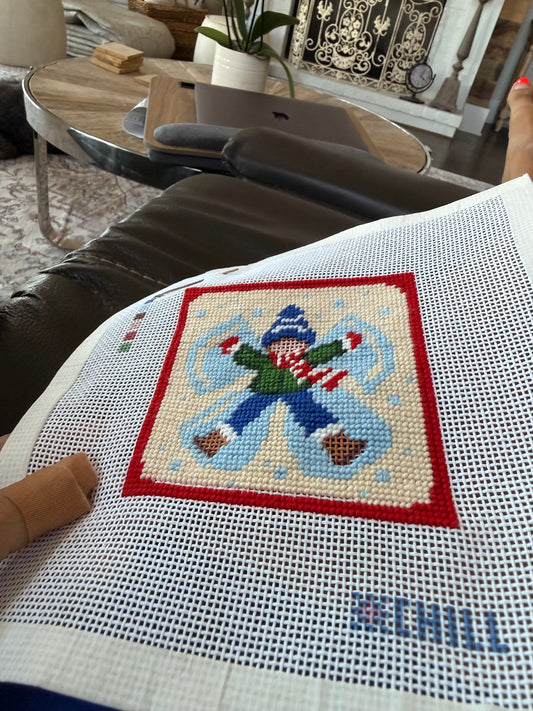 Snow Angel Boy Christmas Needlepoint Canvas – Square Ornament or Coaster | Winter Chill Collection