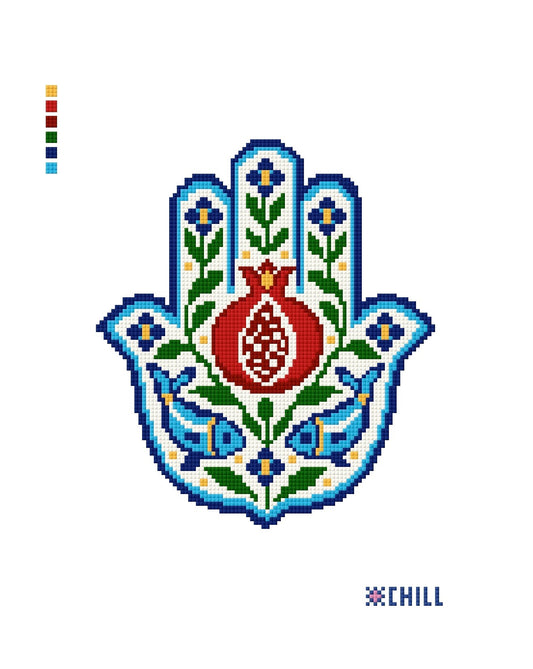 Hamsa (Khamsa) Needlepoint Canvas | Pomegranate & Fish |  Blessing and Abundance Design - 8x10 canvas on 18 ct mesh 🪬