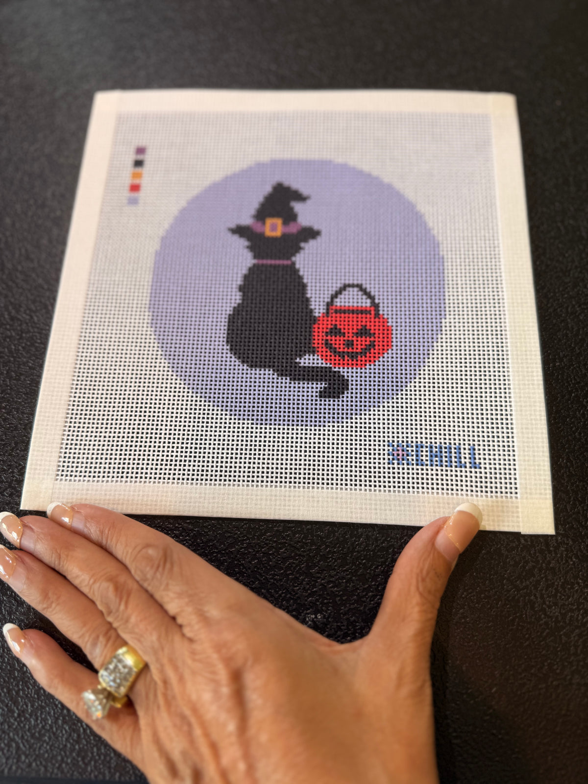 Halloween Needlepoint Canvas – Black Cat in a Witch Hat - Pumpkin fall stitching