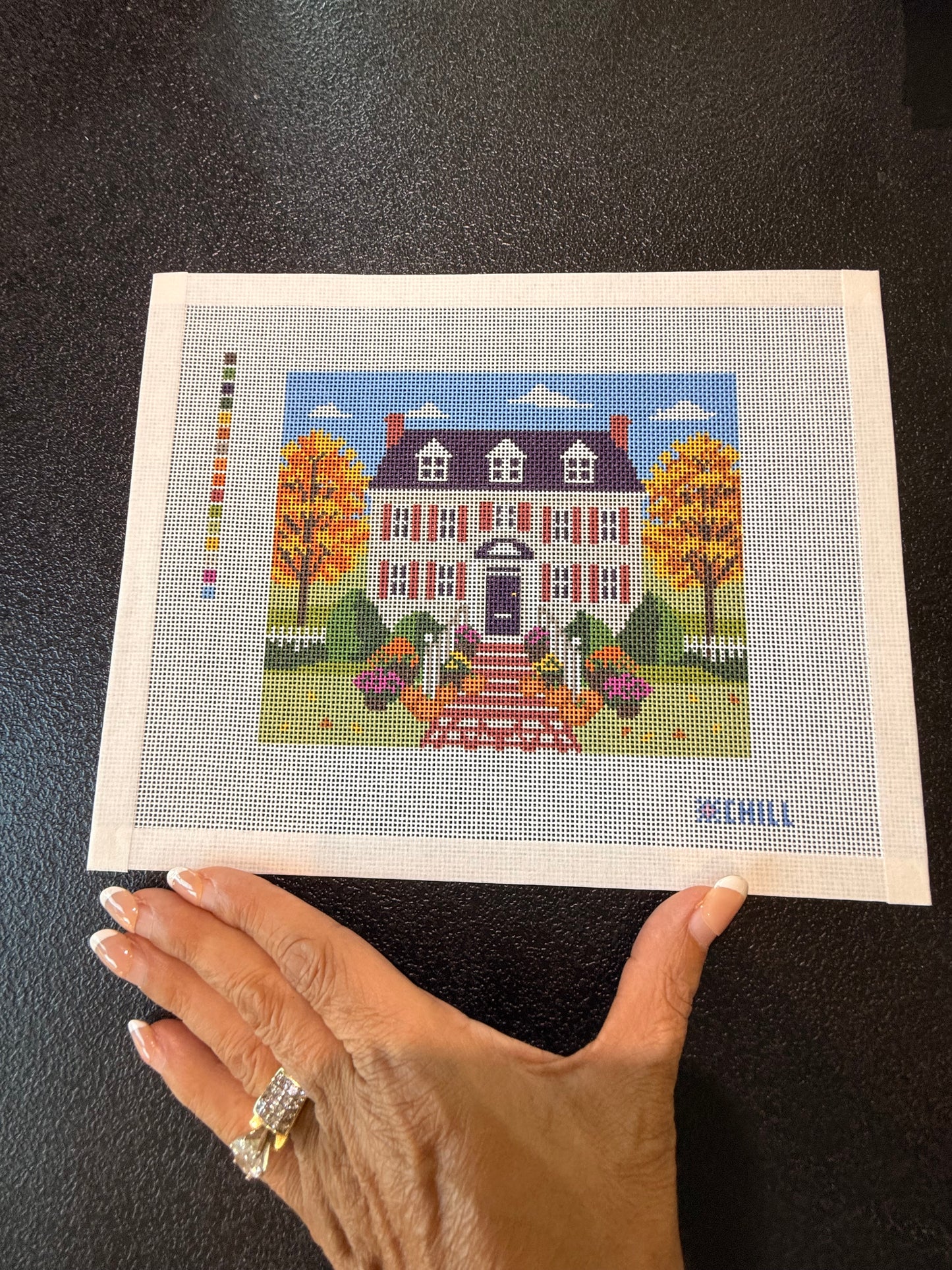 Halloween Front Porch Needlepoint Canvas – Fall Colonial House Pumpkin Steps Design