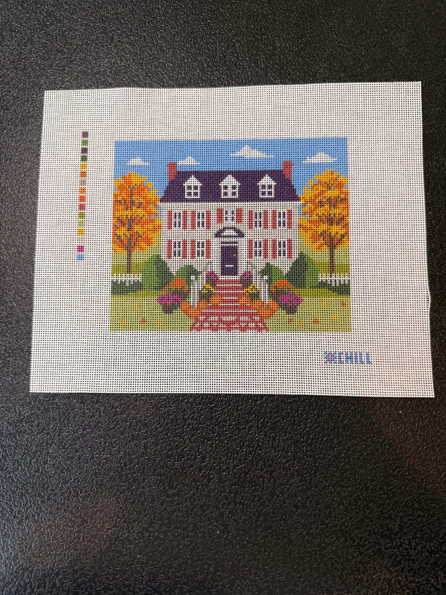 Halloween Front Porch Needlepoint Canvas – Fall Colonial House Pumpkin Steps Design