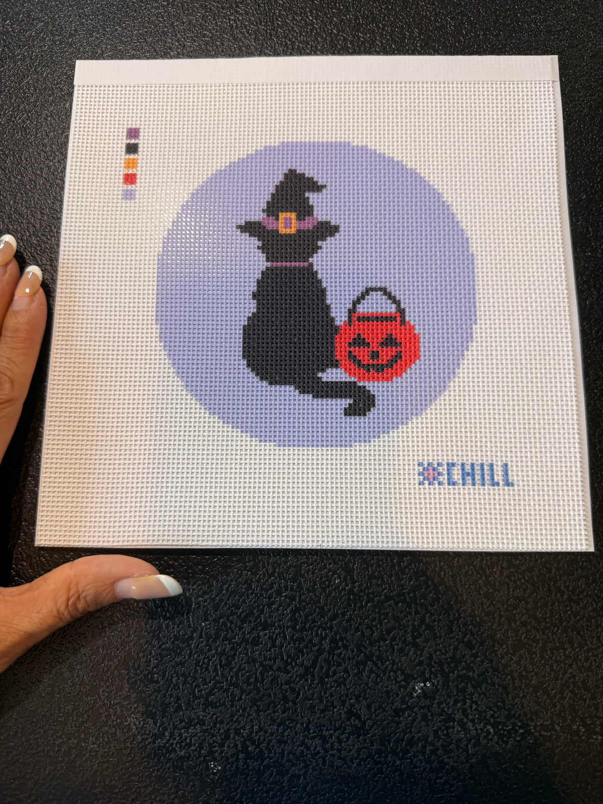 Halloween Needlepoint Canvas – Black Cat in a Witch Hat - Pumpkin fall stitching