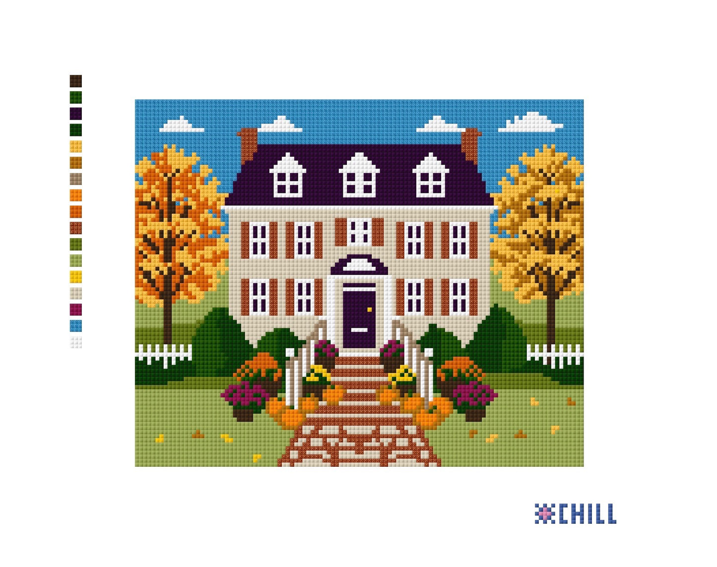 Halloween Front Porch Needlepoint Canvas – Fall Colonial House Pumpkin Steps Design