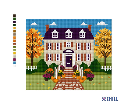 Halloween Front Porch Needlepoint Canvas – Fall Colonial House Pumpkin Steps Design