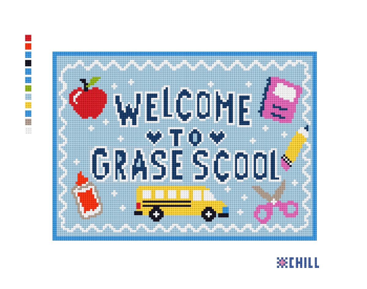 First Grade Needlepoint Canvas | Back to School Design | Pink Blue School Bus Apple DIY Needlepoint Canvas