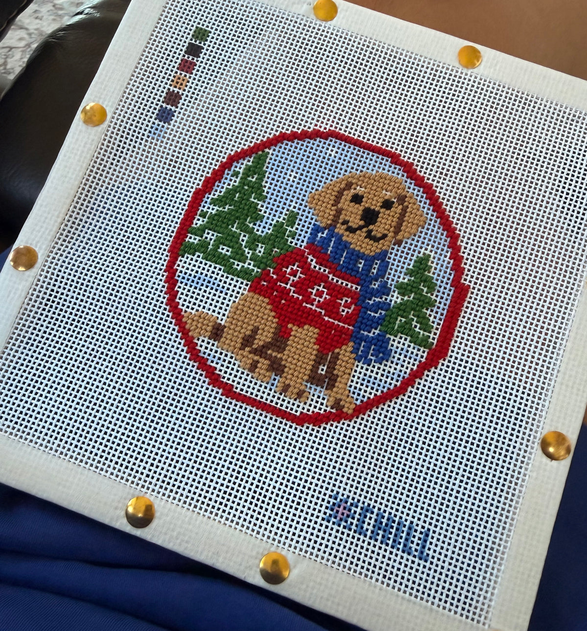 Christmas Dog in Sweater Needlepoint Ornament Canvas – Round | Winter Chill Collection