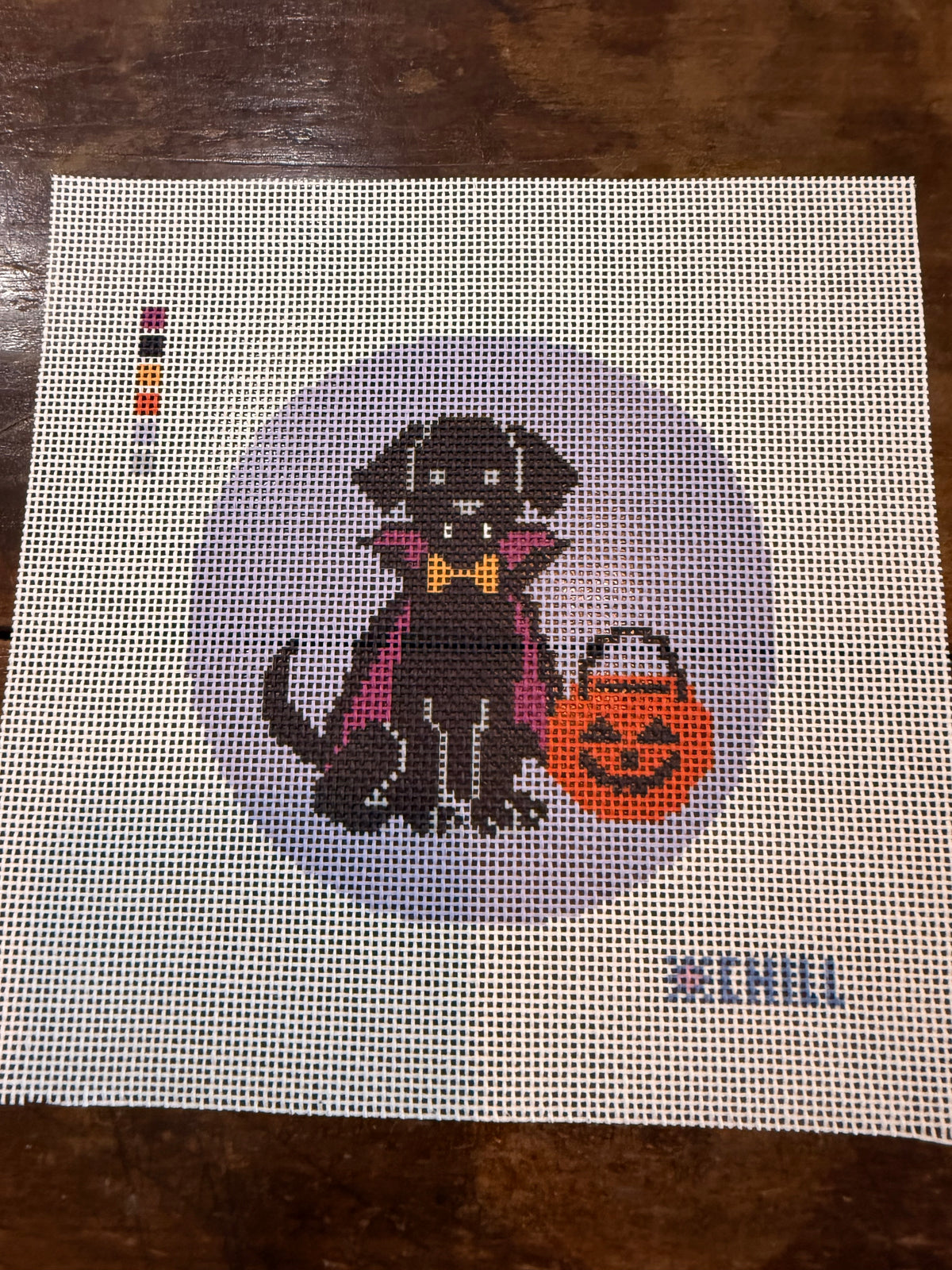Halloween Needlepoint Canvas – Vampire Puppy Dog Black Lab Design