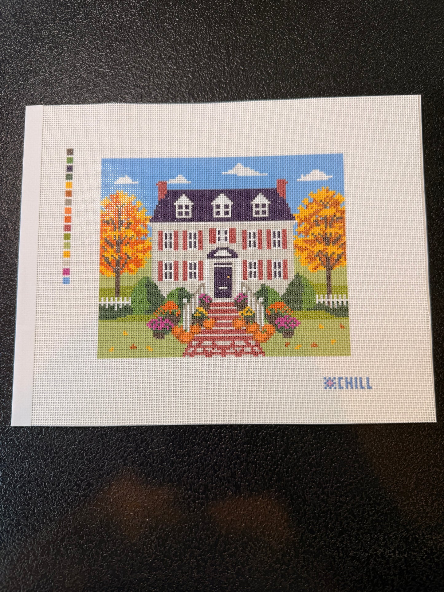 Halloween Front Porch Needlepoint Canvas – Fall Colonial House Pumpkin Steps Design