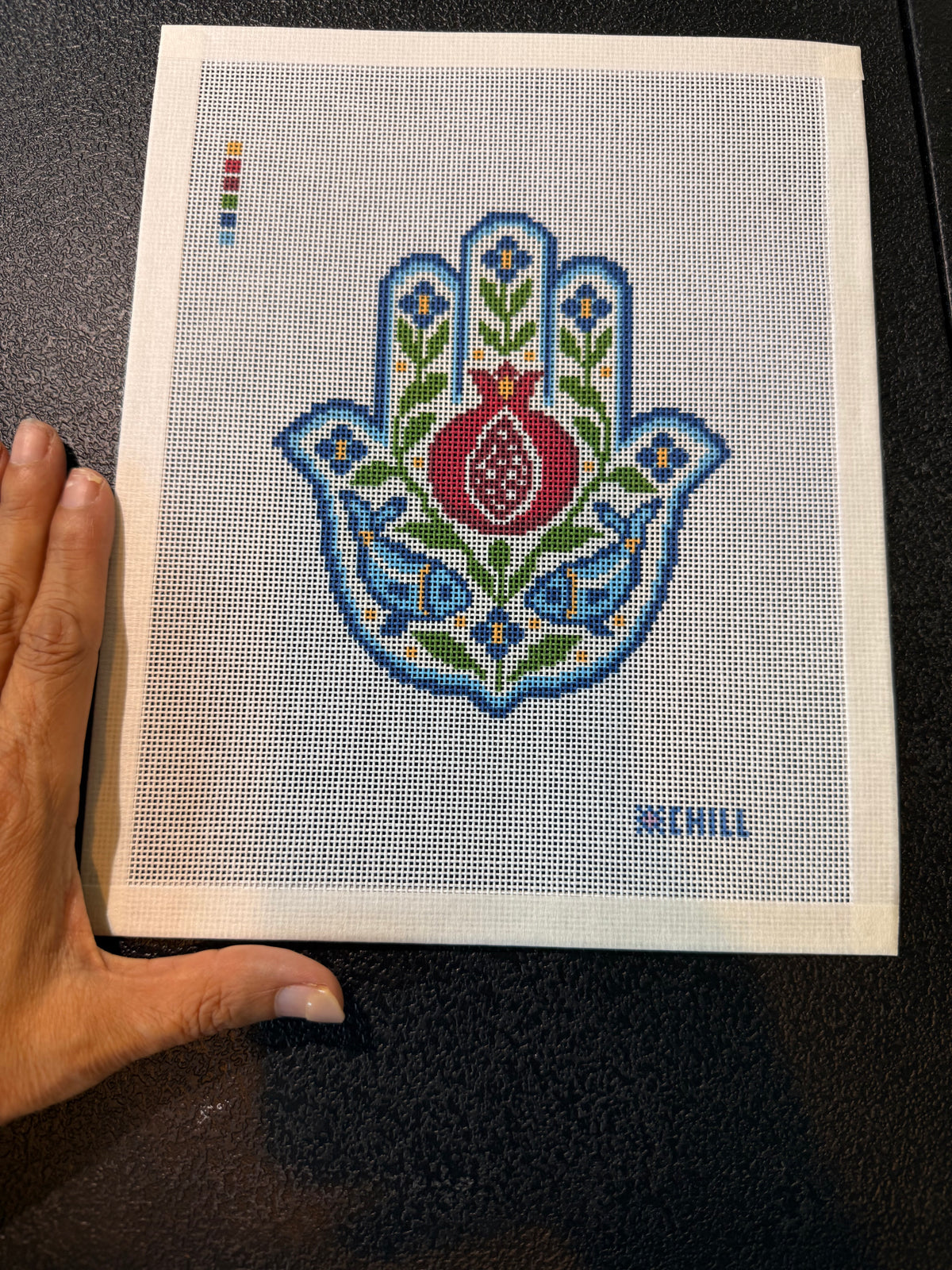 Hamsa (Khamsa) Needlepoint Canvas | Pomegranate & Fish |  Blessing and Abundance Design - 8x10 canvas on 18 ct mesh 🪬
