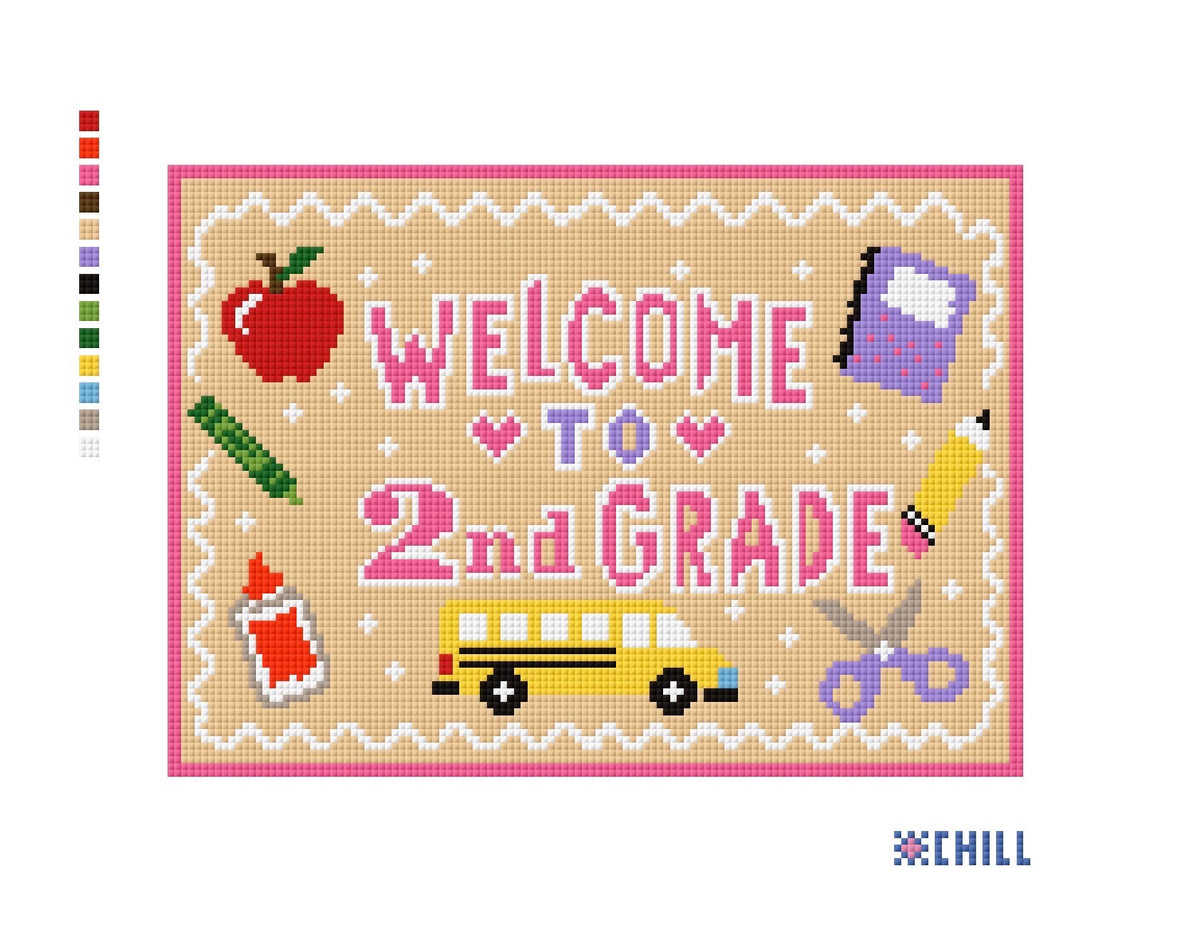First Grade Needlepoint Canvas | Back to School Design | Pink Blue School Bus Apple DIY Needlepoint Canvas