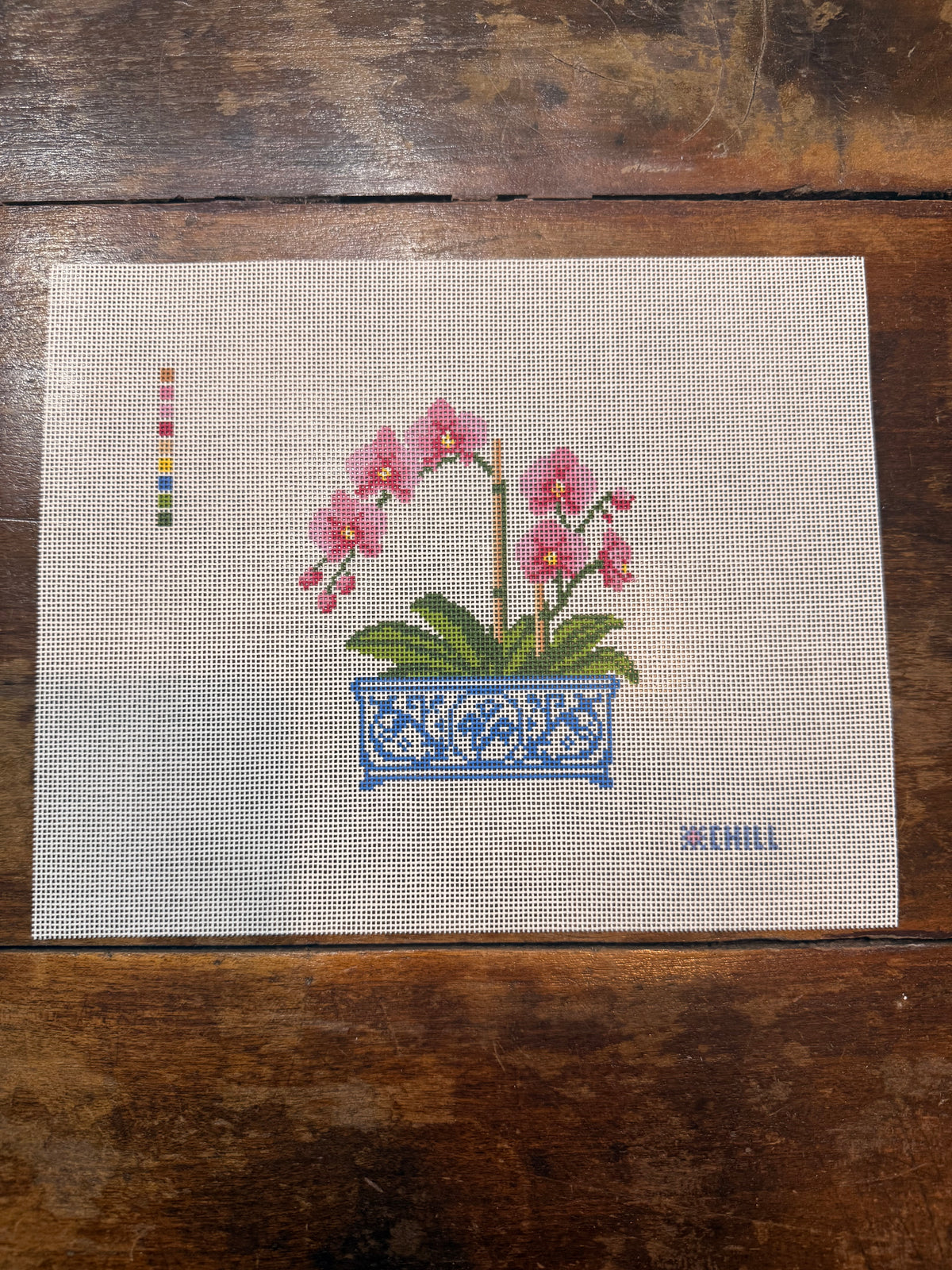 Orchid in Blue & White Chinoiserie Pot Needlepoint Canvas | Floral DIY Needlepoint | Beginner Friendly | 5x7 on 8x10 Canvas