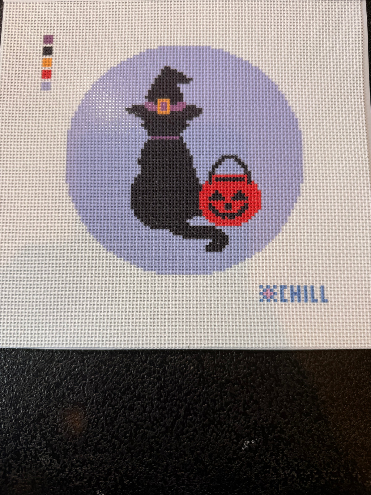 Halloween Needlepoint Canvas – Black Cat in a Witch Hat - Pumpkin fall stitching