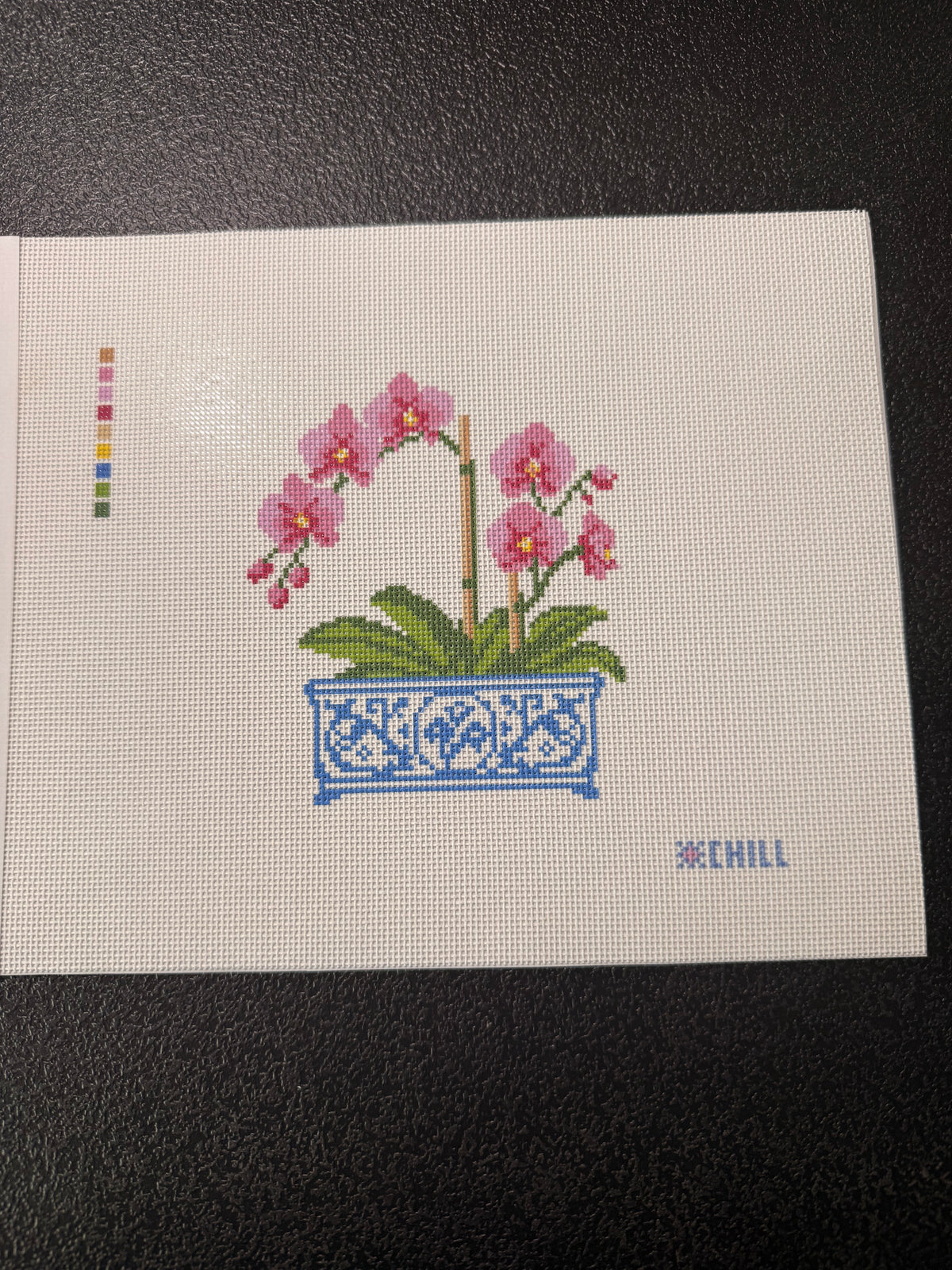 Orchid in Blue & White Chinoiserie Pot Needlepoint Canvas | Floral DIY Needlepoint | Beginner Friendly | 5x7 on 8x10 Canvas