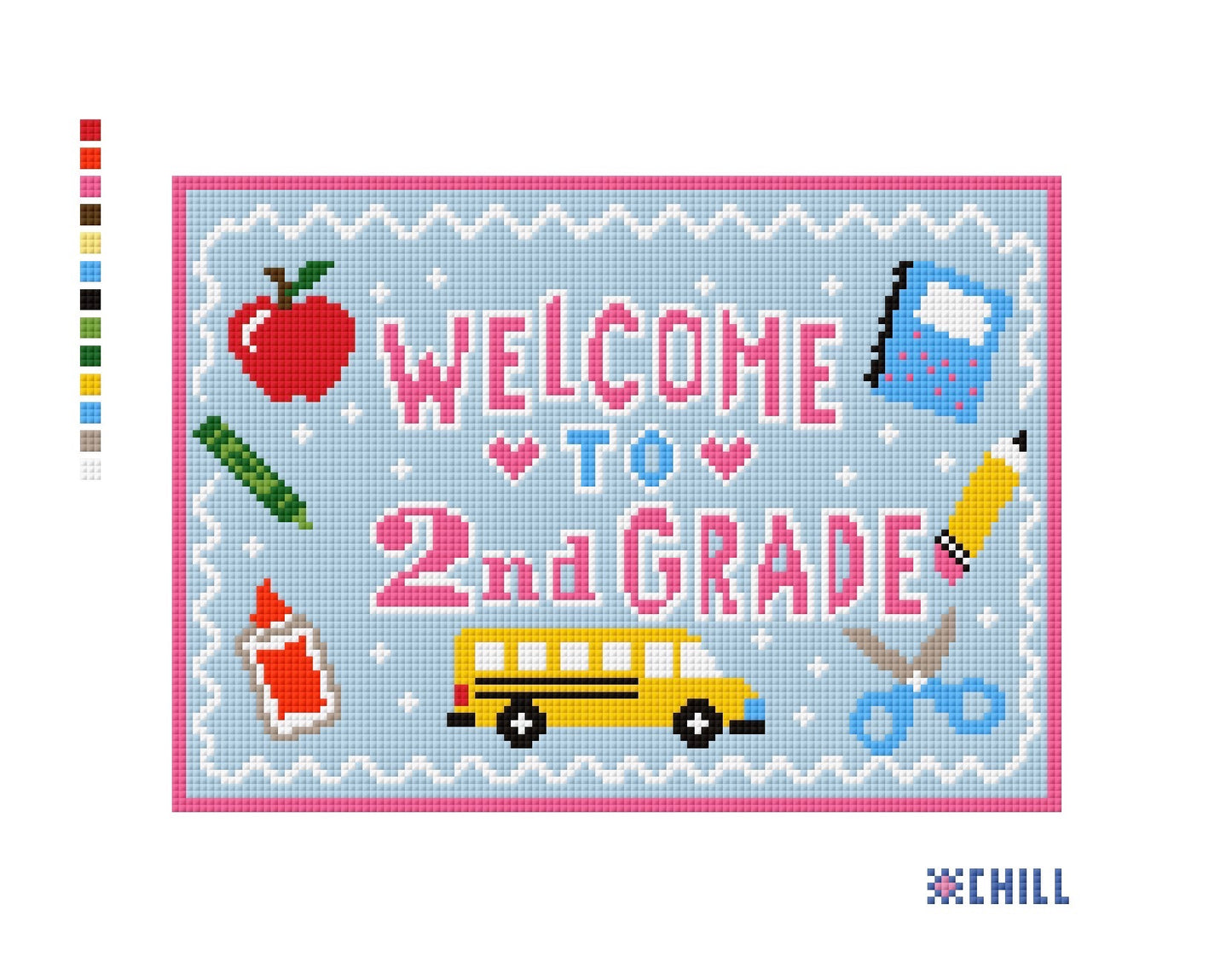 First Grade Needlepoint Canvas | Back to School Design | Pink Blue School Bus Apple DIY Needlepoint Canvas