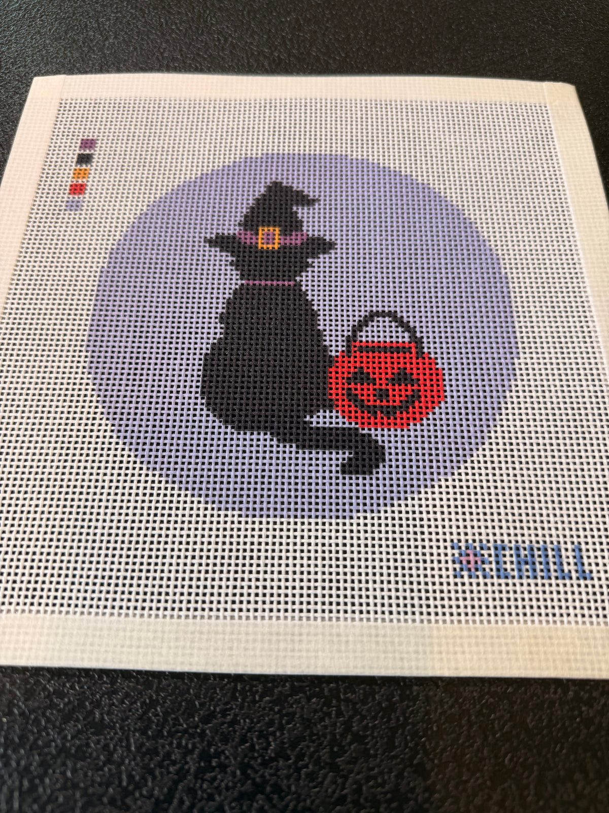 Halloween Needlepoint Canvas – Black Cat in a Witch Hat - Pumpkin fall stitching