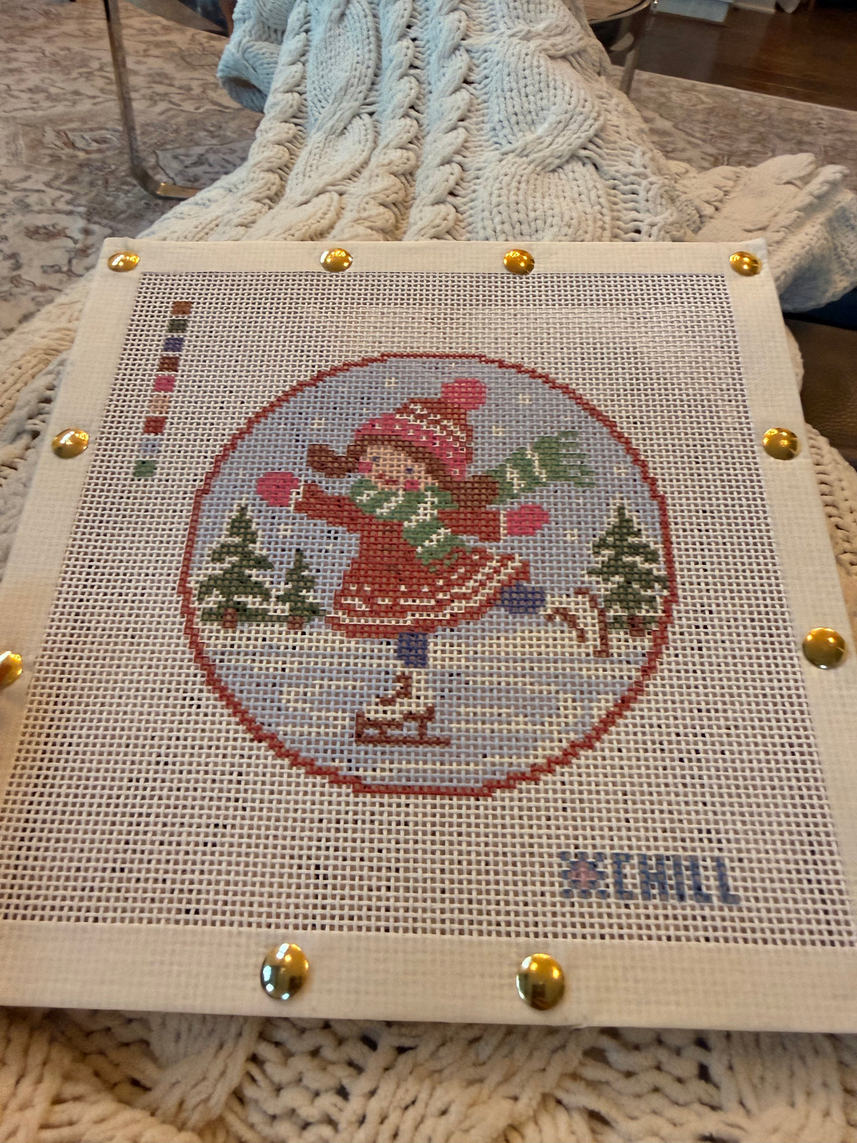 Ice Skating Girl Christmas Needlepoint Ornament Canvas – Round | Winter Chill Collection