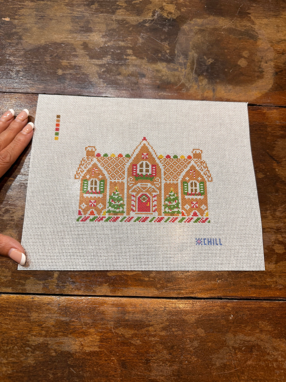 Gingerbread House Christmas Needlepoint Canvas – Stitched Example – Needlepoint & Chill