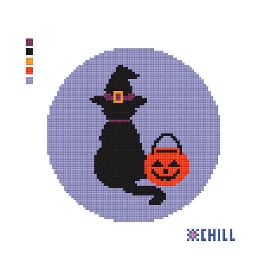 Halloween Needlepoint Canvas – Black Cat in a Witch Hat - Pumpkin fall stitching