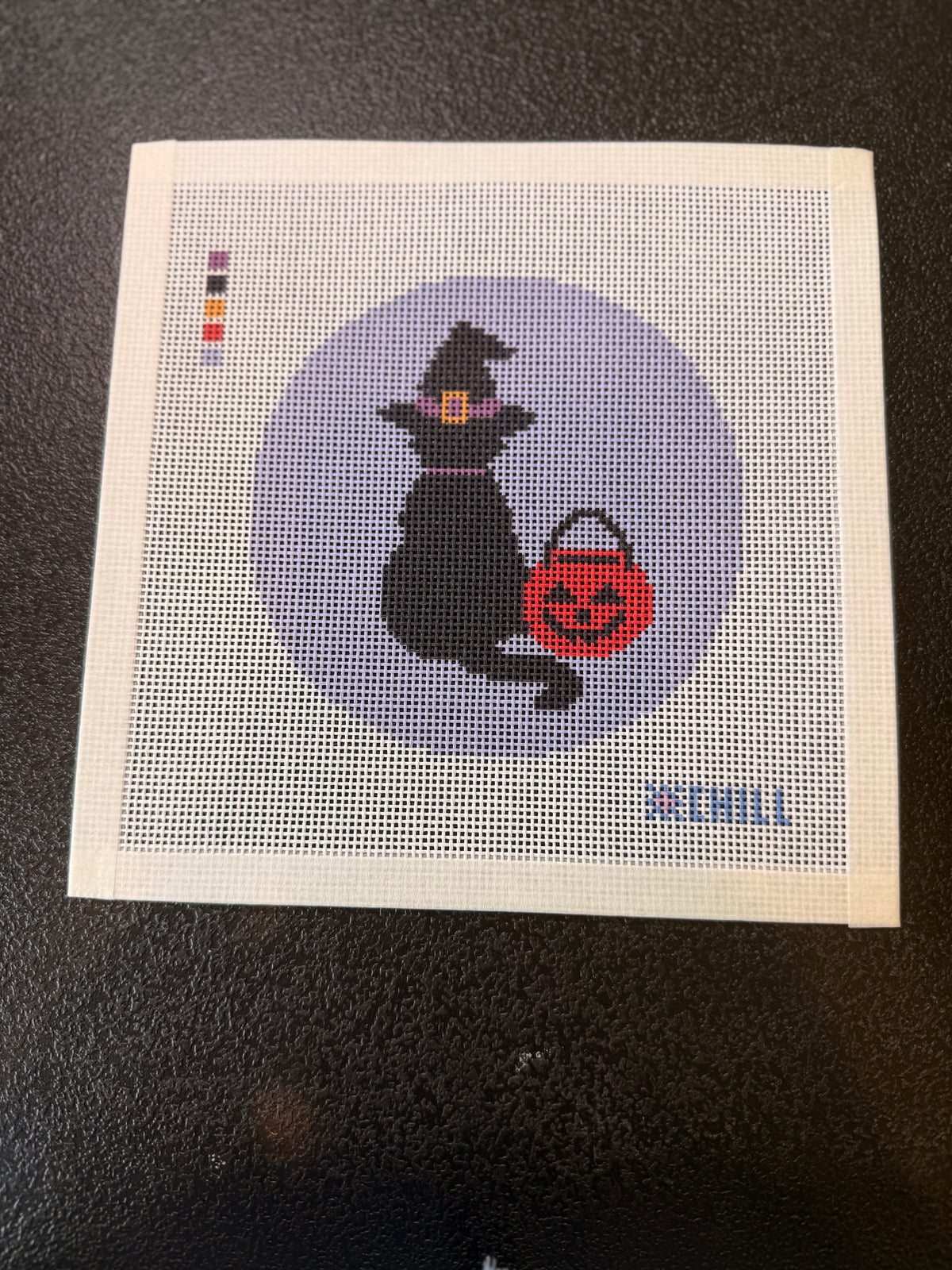 Halloween Needlepoint Canvas – Black Cat in a Witch Hat - Pumpkin fall stitching