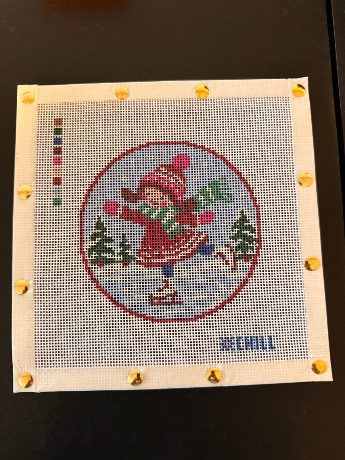 Ice Skating Girl Christmas Needlepoint Ornament Canvas – Round | Winter Chill Collection