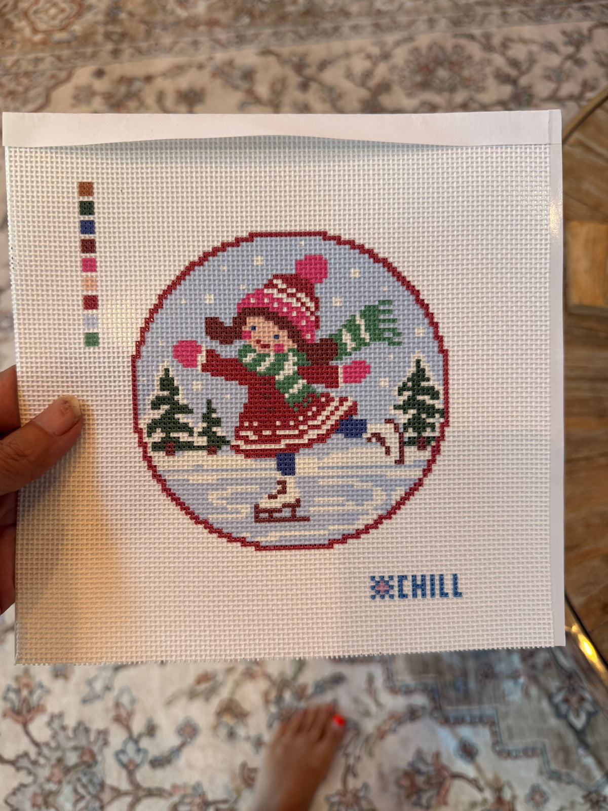 Ice Skating Girl Christmas Needlepoint Ornament Canvas – Round | Winter Chill Collection