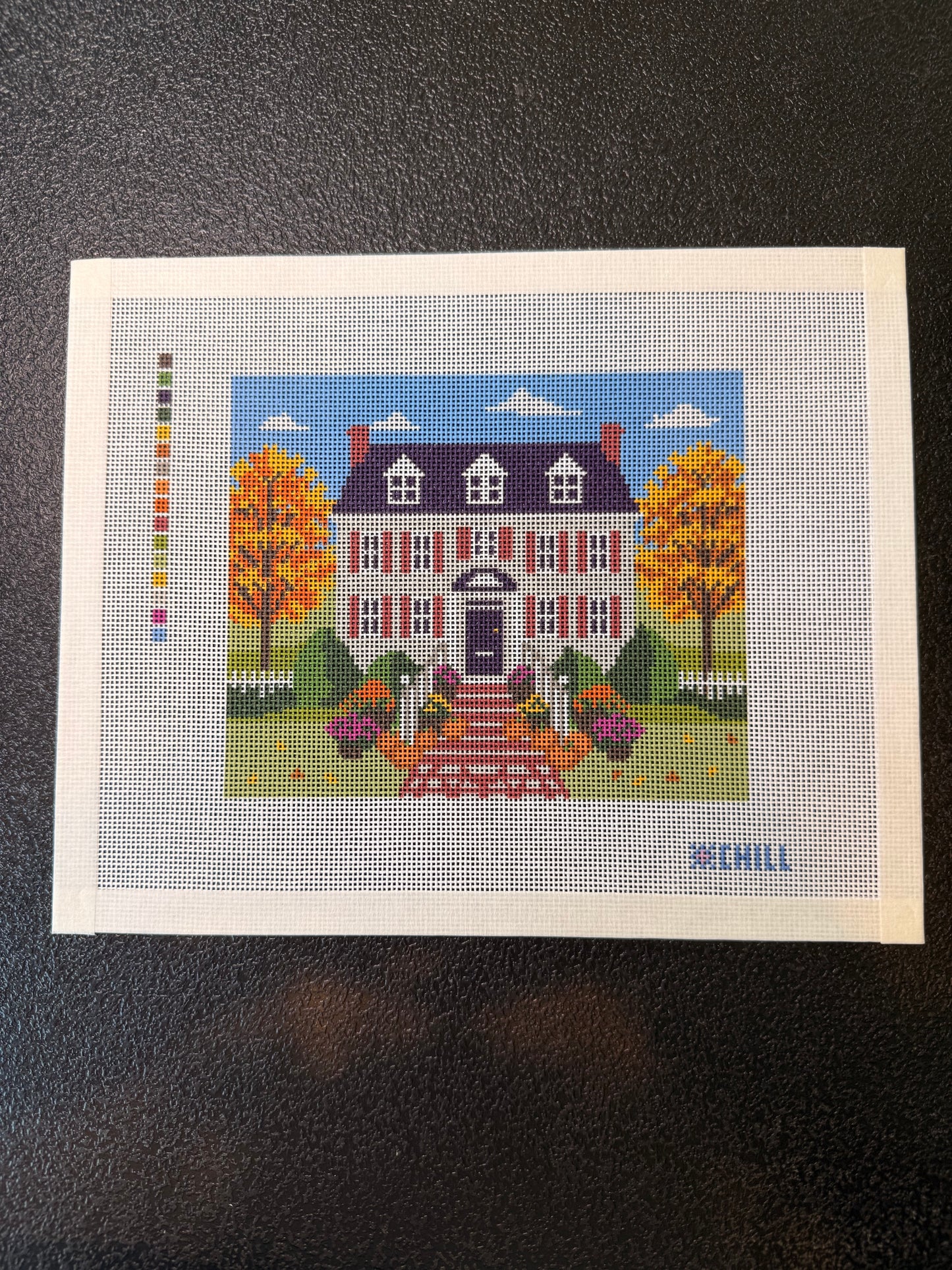 Halloween Front Porch Needlepoint Canvas – Fall Colonial House Pumpkin Steps Design