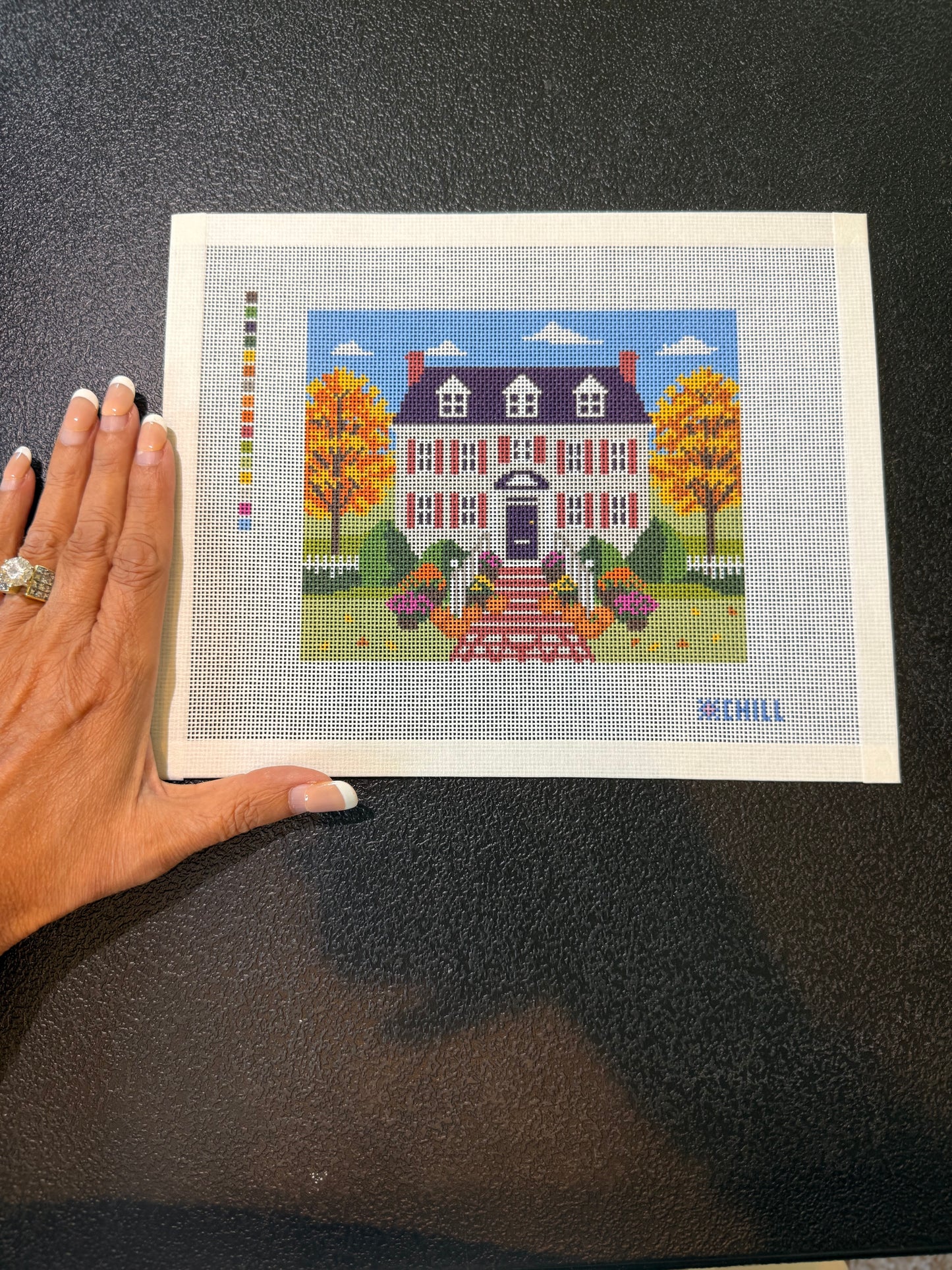 Halloween Front Porch Needlepoint Canvas – Fall Colonial House Pumpkin Steps Design