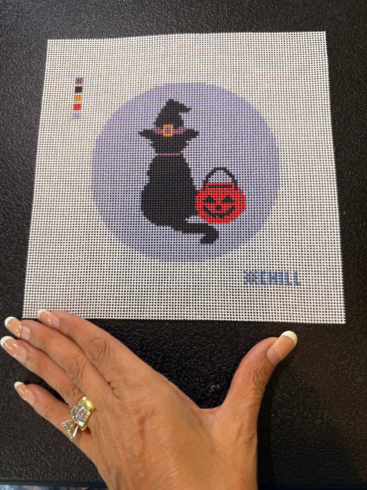 Halloween Needlepoint Canvas – Black Cat in a Witch Hat - Pumpkin fall stitching