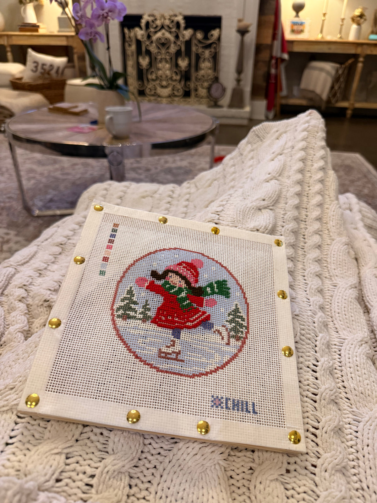 Ice Skating Girl Christmas Needlepoint Ornament Canvas – Round | Winter Chill Collection